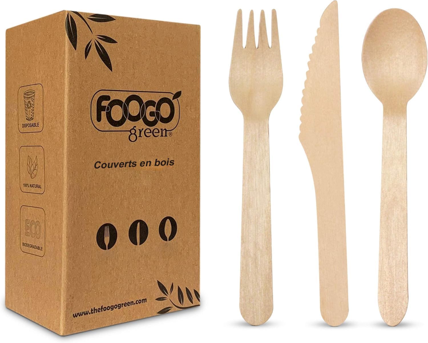 Ensemble de couverts en bois jetables - 50x Fourchettes, 50x Cuillères, 50x Couteaux - Biodégradable Compostable- Ensemble de couverts écologiques, couleur bois