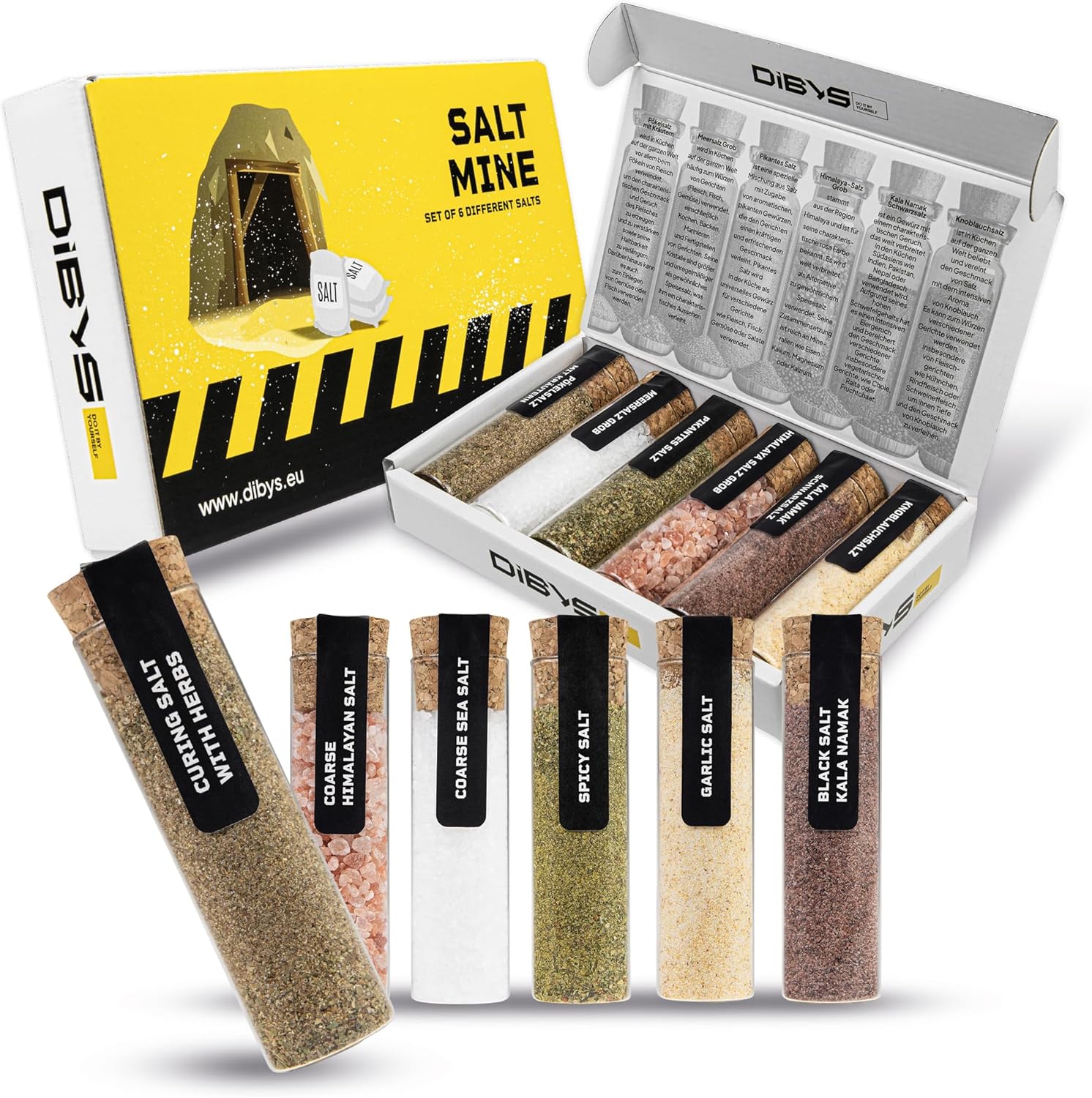 Coffret Sel du Monde - 6 Sels avec Recettes - Assortiment incluant Sel aux Herbes, Sel à l'Ail, Sel Épicé & plus - Cadeau pour les Passionnés de Cuisine - Set Gourmet Cuisine Alimentaire Coffret de Sel