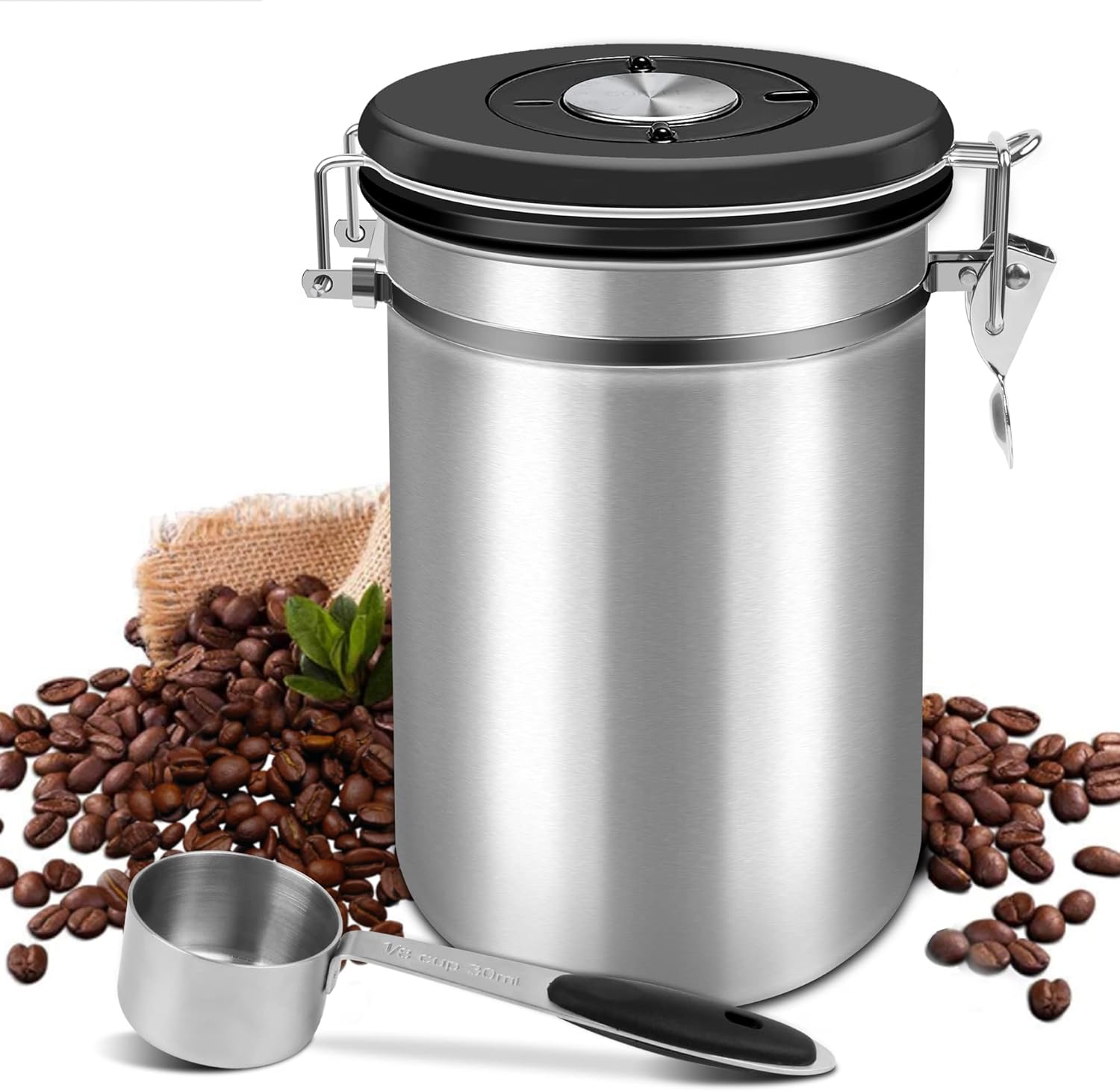 Boîte à Café Hermétique,Coffee Vault Hermétique de Conservation Pour Café et de Toutes Ses Saveurs en,Acier Inoxydable avec la Capacité de Stockage à 22.8oz/1.4lb-avec Une Cuillère (1500 ml) 9142-B