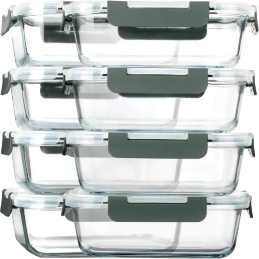 Lot de 8 boîtes de conservation en verre pour repas - Conteneurs en verre - Contenants hermétiques avec couvercles - Sans BPA - Passe au micro-ondes, au four, au congélateur et au lave-vaisselle - Gris