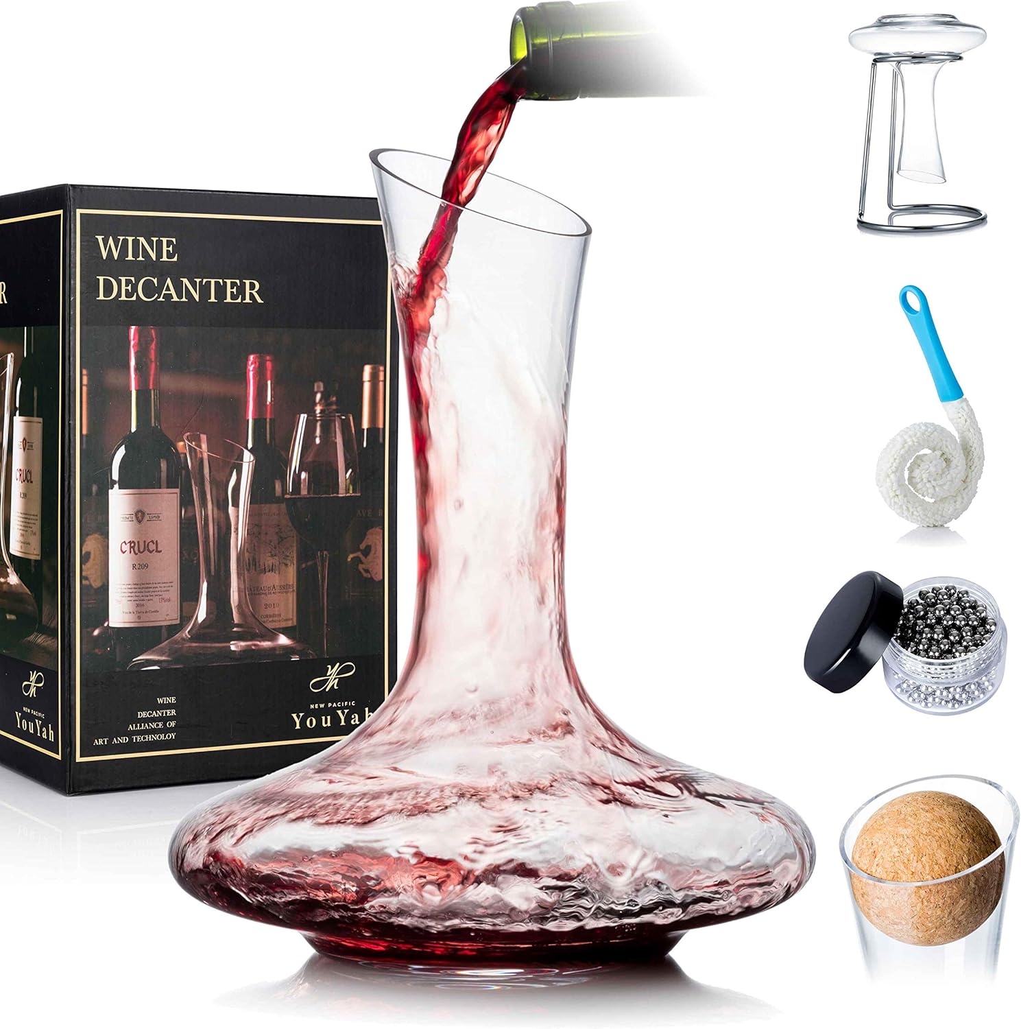 Carafe à Décanter Carafe à Vin avec Un Support de Séchage, Bouchon, Brosse et Perles, Carafe à Vin Rouge, du Vin Cadeau, Aérateur à Vin, Verre en Cristal Soufflé à La Main 100% sans Plomb
