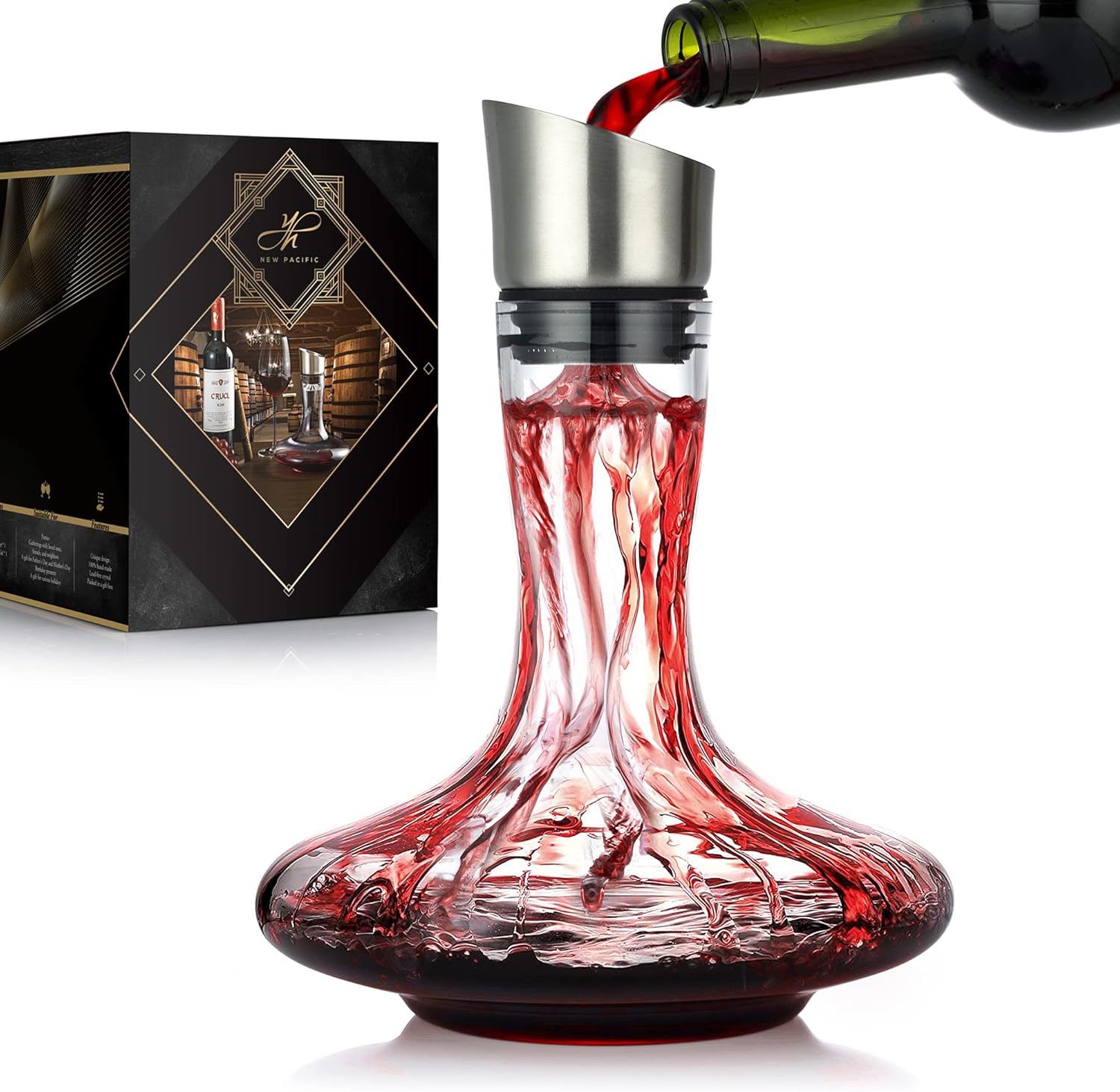 NEW PACIFIC YOUYAH Carafe à Décanter le Vin Rouge avec Aérateur & Filtre Intégrés, Cadeau, Verre de Cristal Sans Plomb 100% Soufflé à la Main, Accessoires