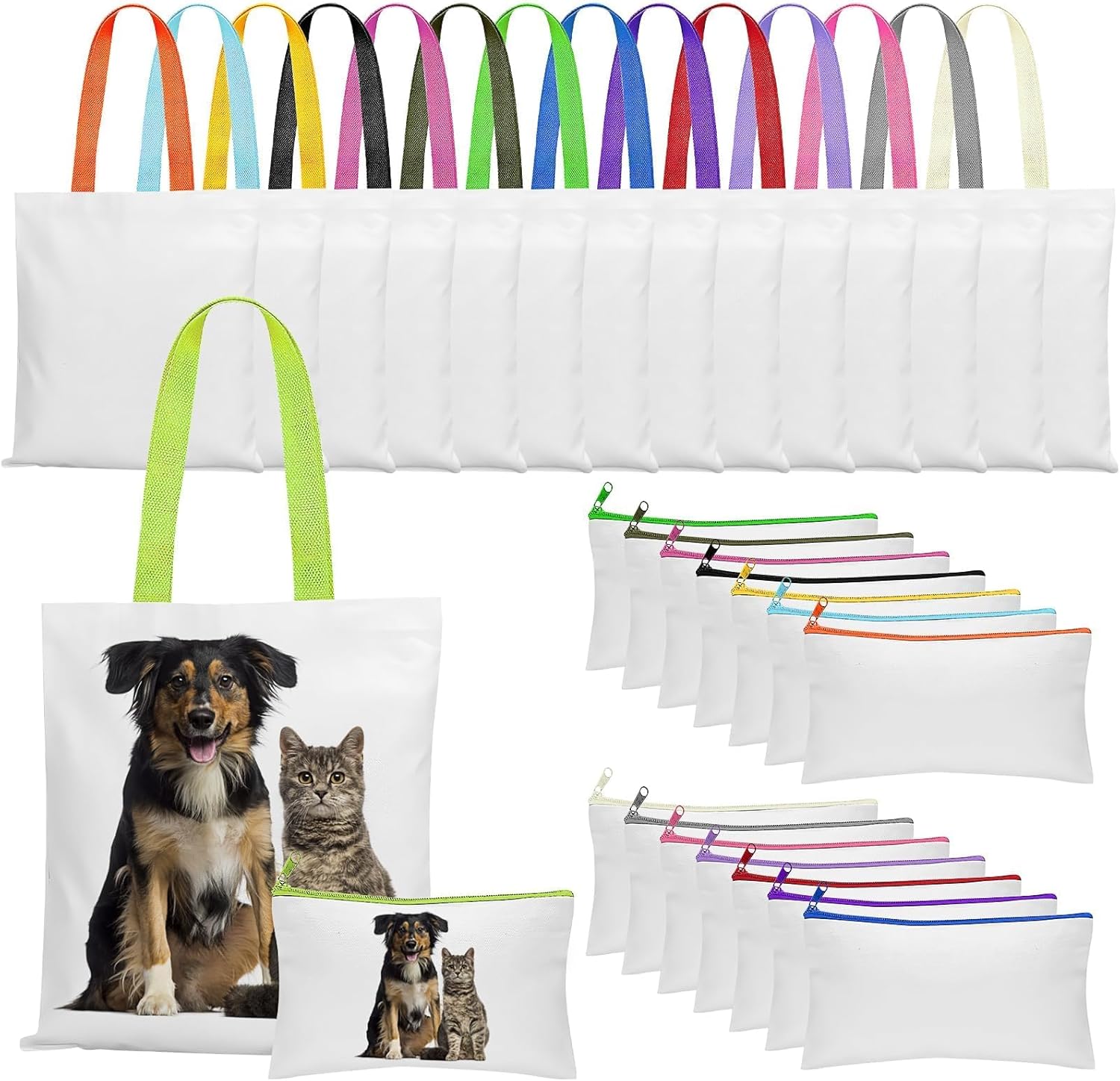 ASMIZ 30 Pièces Sacs Tote Sublimation à Personnaliser, Sacs Cabas en Toile Réutilisables avec Trousses de Maquillage, Sacs à Courses Personnalisables pour DIY, Publicité, Artisanat, Cadeaux