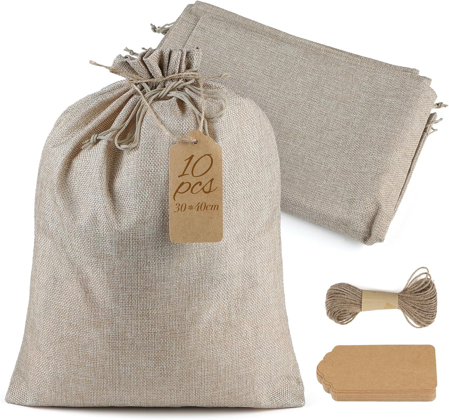 SWAWIS 10 Pièces 30x40cm Sac de Toile de Jute Couleur du Lin, Réutilisable Sacs Tissu avec Cordon de Serrage, avec 15pcs Étiquettes et 10m Corde en Chanvre, pour Mariage Bonbons Bijoux Noël 10pcs 30x40cm, Couleur du Lin