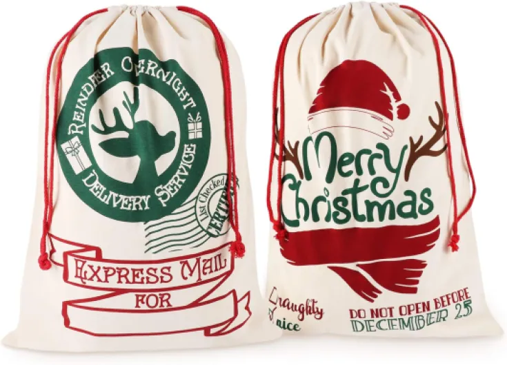 Lot de 2 Sac de Cadeaux Réutilisable de Noël avec Cordon de Serrage, Vintage,Sac à Cadeaux en Toile de Jute Personnalisé,Générique Sac Grande Taille de Noël en Toile Sac de Sac de Santa,70*50cm Modèle B
