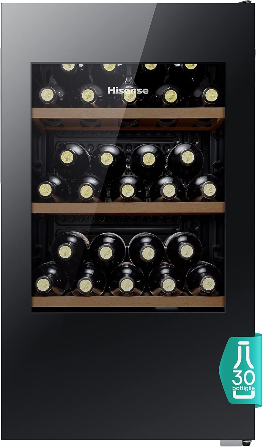Hisense MWC4894GF – Cave à Vin 30 Bouteilles, Monotemperature, Vitres Anti-UV, Étagères en Bois, Écran Tactile, Éclairage LED, Année 2023