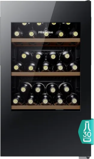 Hisense MWC4894GF – Cave à Vin 30 Bouteilles, Monotemperature, Vitres Anti-UV, Étagères en Bois, Écran Tactile, Éclairage LED, Année 2023