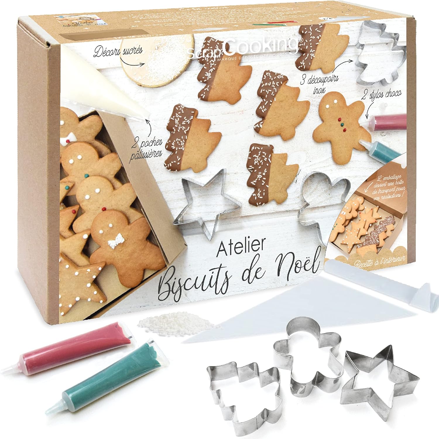 Coffret Atelier Biscuits de Noël - Kit Pâtisserie avec 3 Découpoirs, 2 Poches Pâtissières, 2 Stylos Alimentaires, Décorations & Boite de Transport - Avec Recettes - 3793