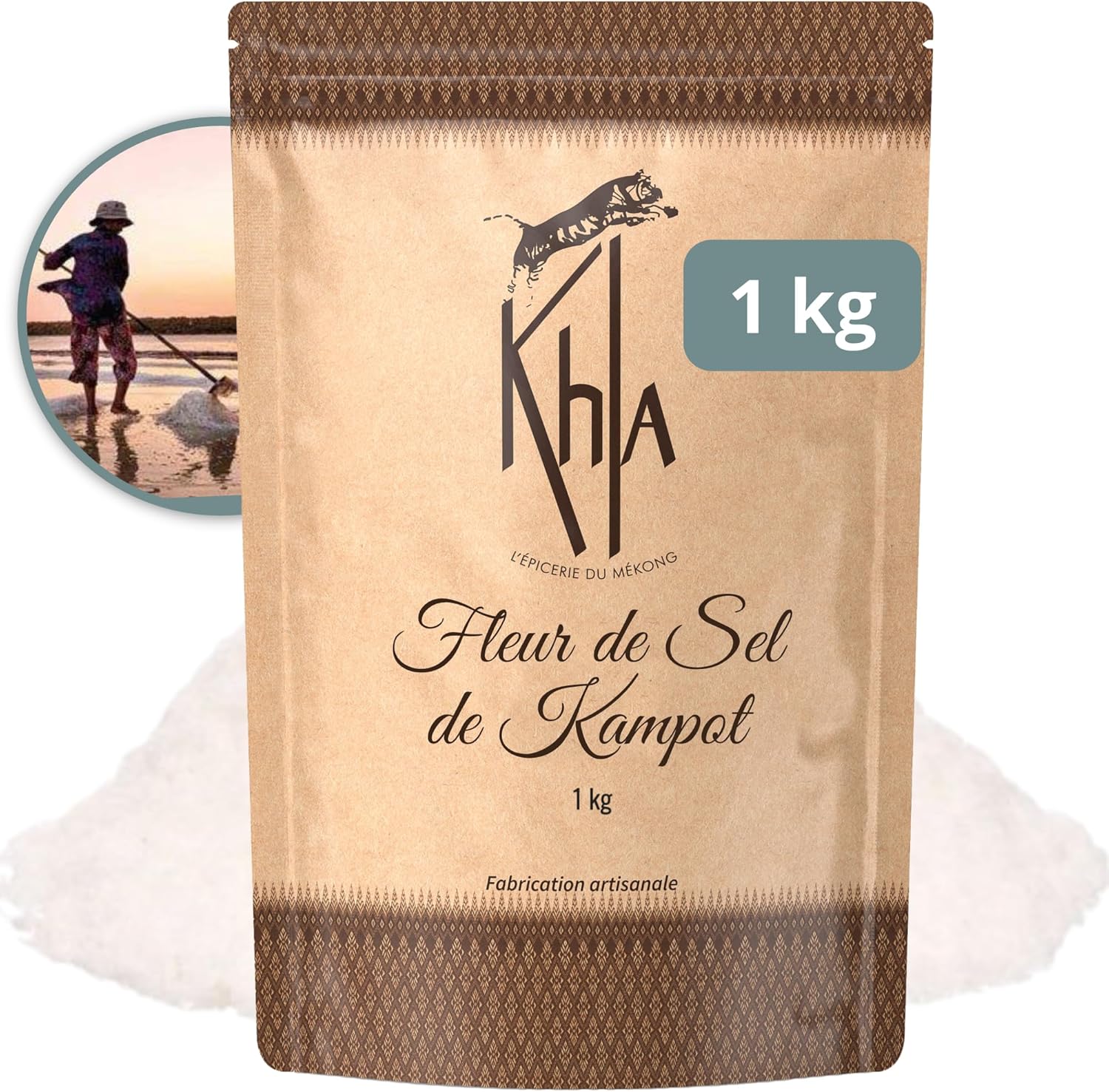 Fleur de Sel de Kampot 1 kg - Sachet Fleur de Sel 100% Naturelle - Ingrédient Cuisine Épice - Direct Producteur – Gros Sel Alimentaire - Origine Cambodge Sac Kilo