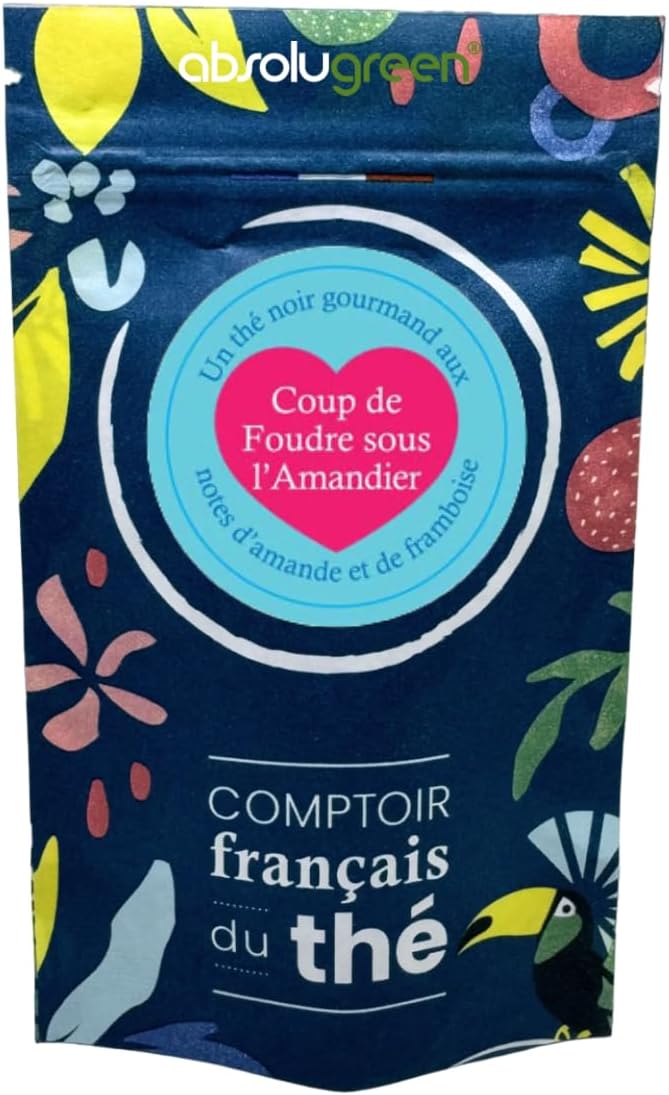 Thé Noir Coup de Foudre sous l’Amandier – Comptoir Français du Thé – Mélange Gourmand Amande & Framboise en Vrac 80g – Boisson Élégante aux Notes Pâtissières, Idéale pour une Pause Douce et Romantique