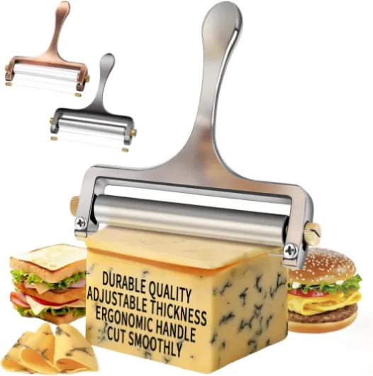 TOPULORS Trancheuse à fromage en acier inoxydable pour mozzarella, cheddar, gruyère – avec 1 fil supplémentaire – Épaisseur réglable pour fromage en bloc (argenté)