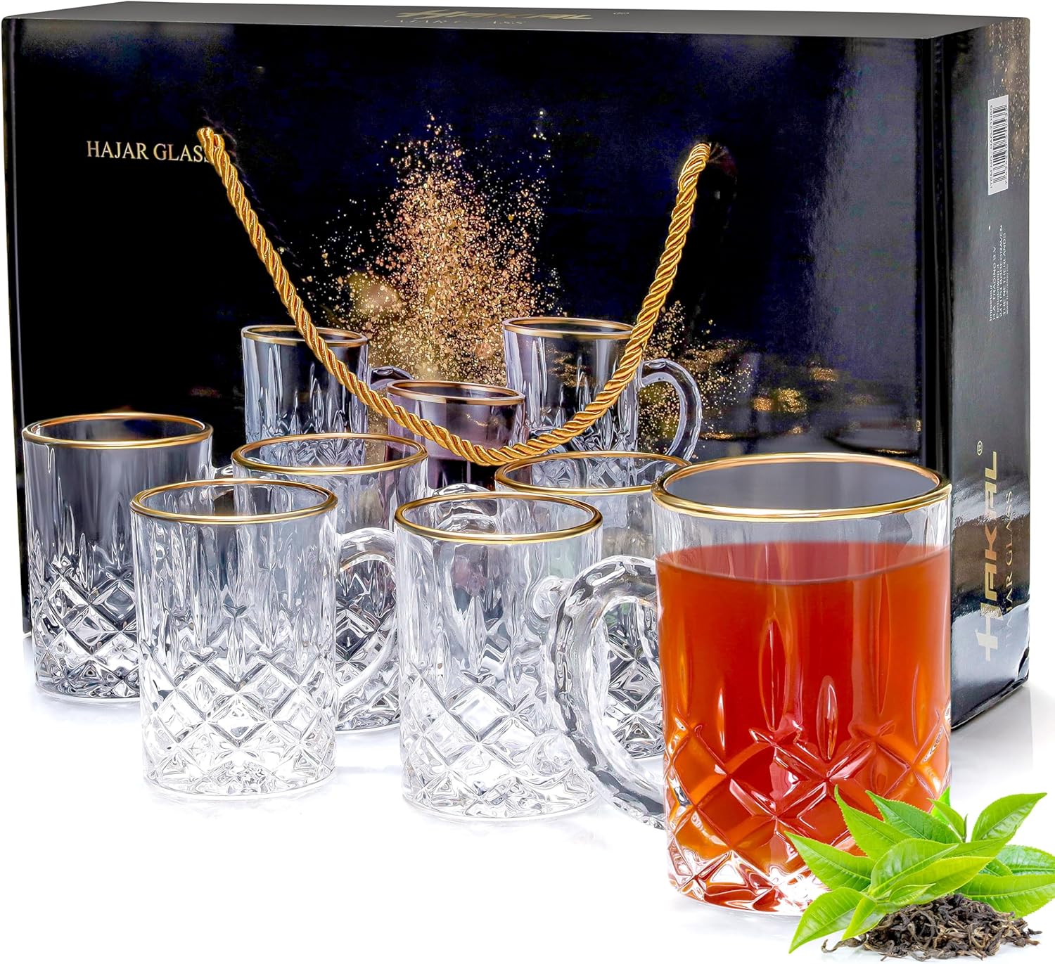 ® Ensemble 6 Verres à Thé Turc/Arabe/Marocain 210 ml avec Poignées – Verres en Borosilicate à Facettes, Bord Doré Électrostatique - Coffret-Cadeau Luxueux pour Thé & Café Moderne