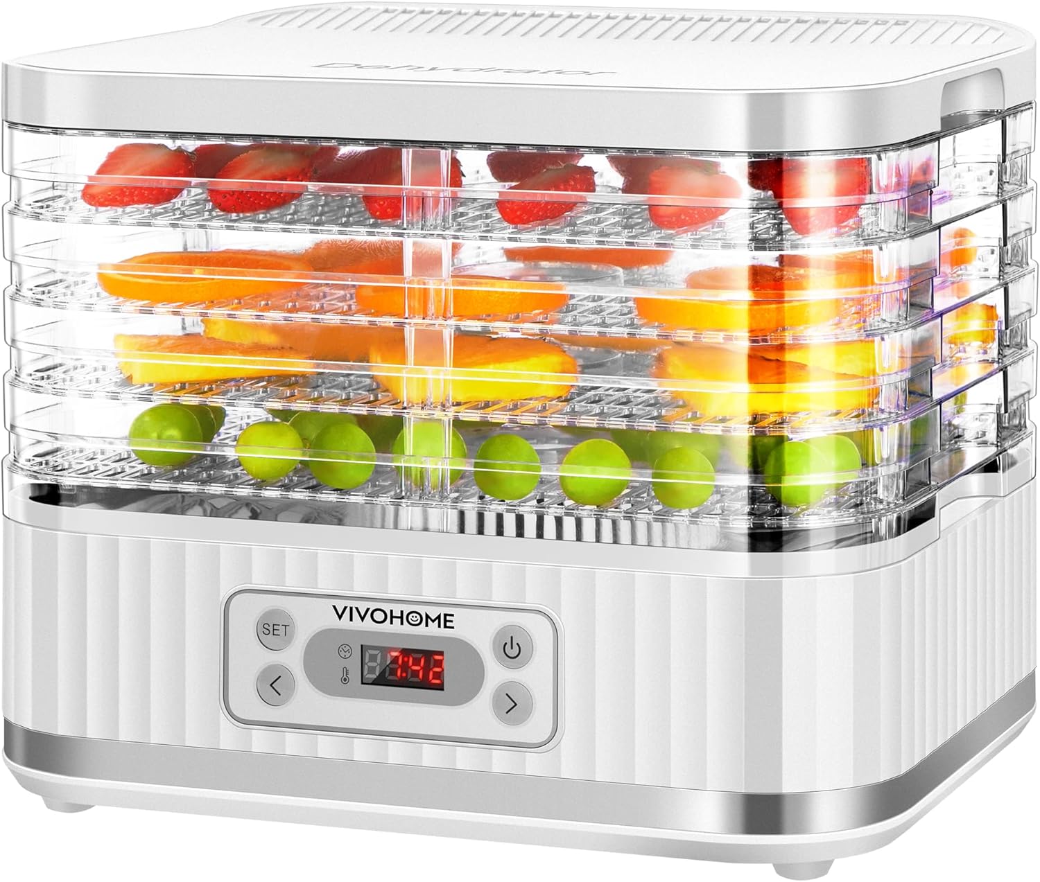 Déshydrateur Alimentaire 5 Plateaux 400W avec Minuterie Numérique 72 Heures et Réglage de la Rempérature pour Fruits Légumes Viande Séchée Herbes Bœuf Champignons Blanc 5 Plateaux