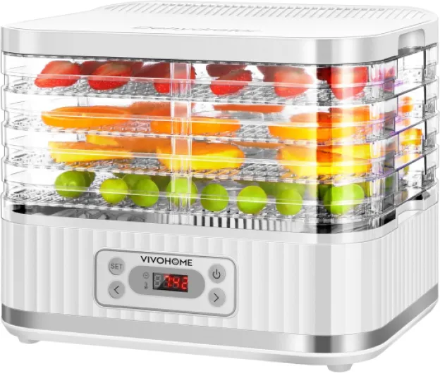 Déshydrateur Alimentaire 5 Plateaux 400W avec Minuterie Numérique 72 Heures et Réglage de la Rempérature pour Fruits Légumes Viande Séchée Herbes Bœuf Champignons Blanc 5 Plateaux