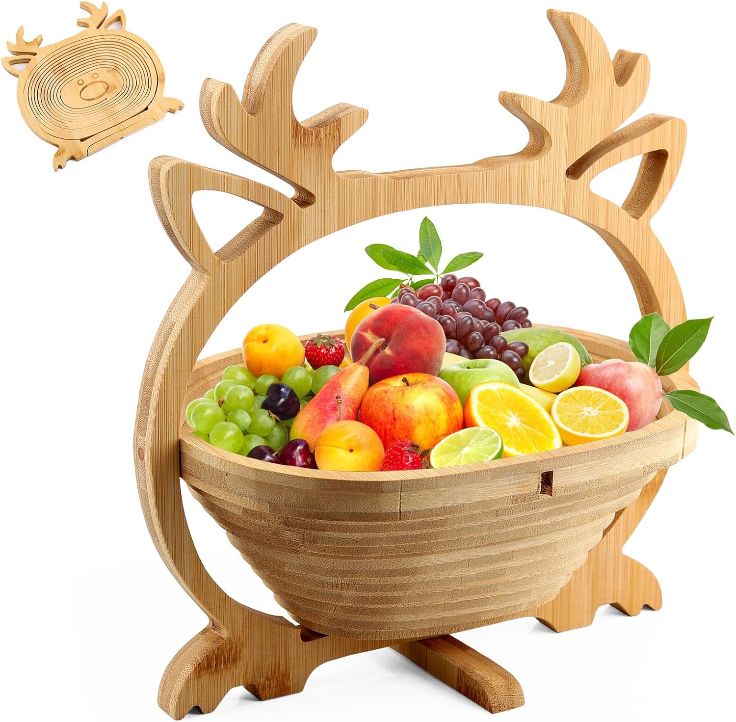 Corbeille de Fruits en Bois, Élan de Noël Pliable Avec Poignée - Cadeau de Fruits Secs Pour Décorations de Noël et Fête