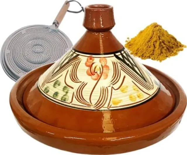 Poterie marocaine authentique tajine 35 cm + Épices et distributeur de flamme