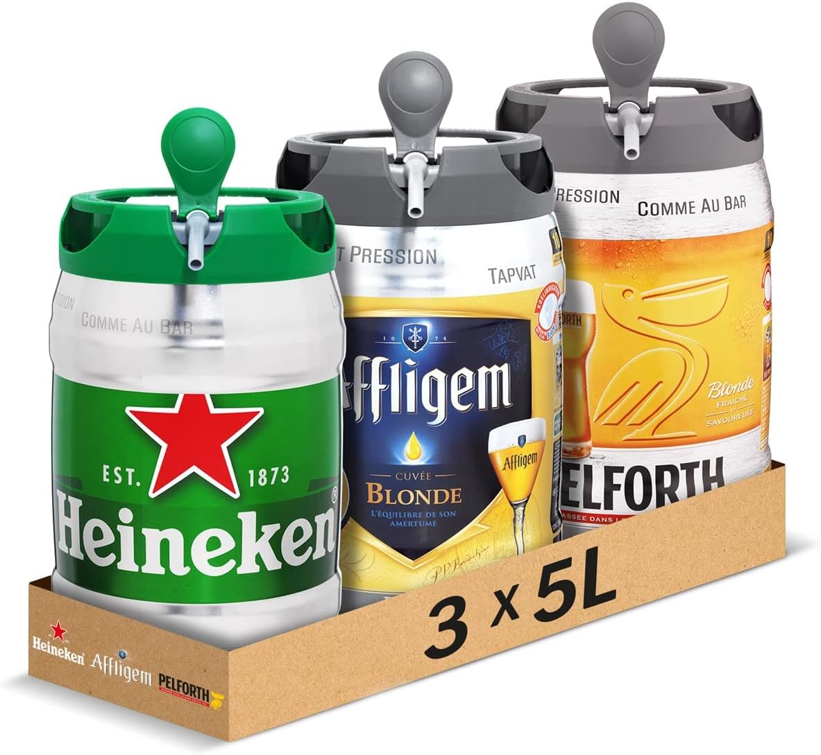 , Affligem, Pelforth - Pack de 3 Fûts 5L - Bières Blondes 6,7°et 5,8° - Compatible Tireuse BeerTender, Utilisable sans Machine , pour Domicile