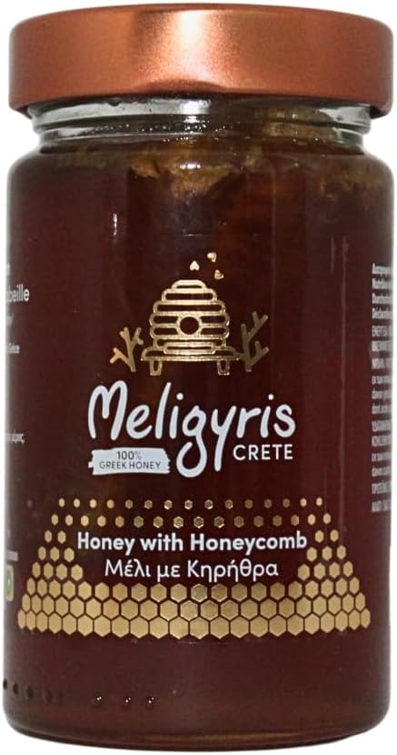 Meligyris - Miel grec avec nid d'abeilles - 100% naturel, cru et non filtré - Miel artisanal de Crète, 450g Miel avec nid d'abeille 450 g (Lot de 1)
