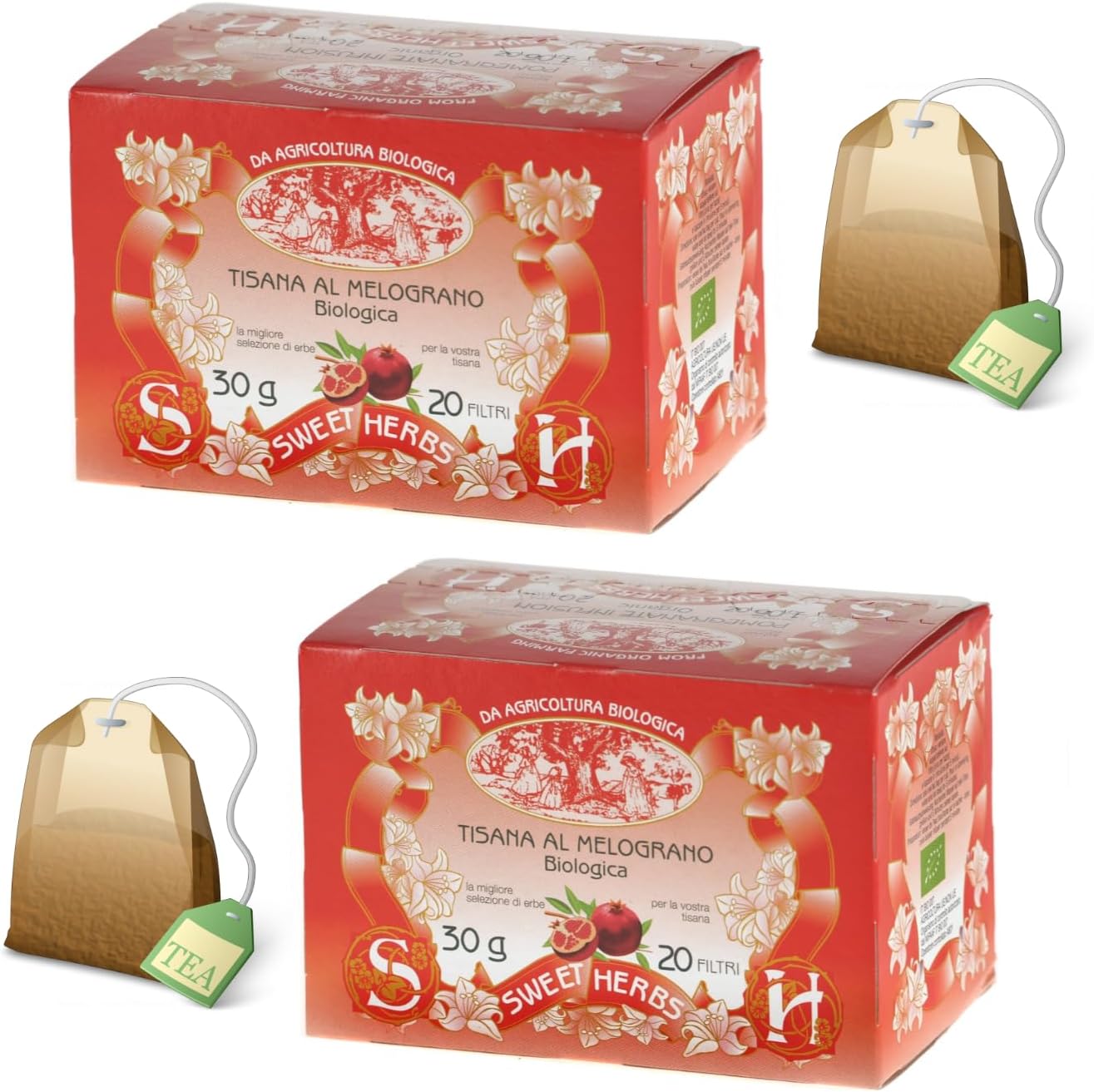 Sweet Herbs® - Tisane de grenade - Infusion Antioxydante Bio Grenade et Rose Musquée - 2 x 20 Filtres en Sachets Individuels (60 Gr)