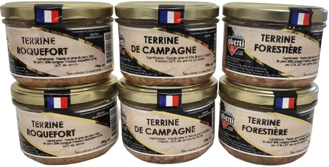 2 Terrines de Campagne + 2 Terrines Forestières + 2 Terrines au Roquefort - soit 6 conserves de 180 g chacune - Origine France