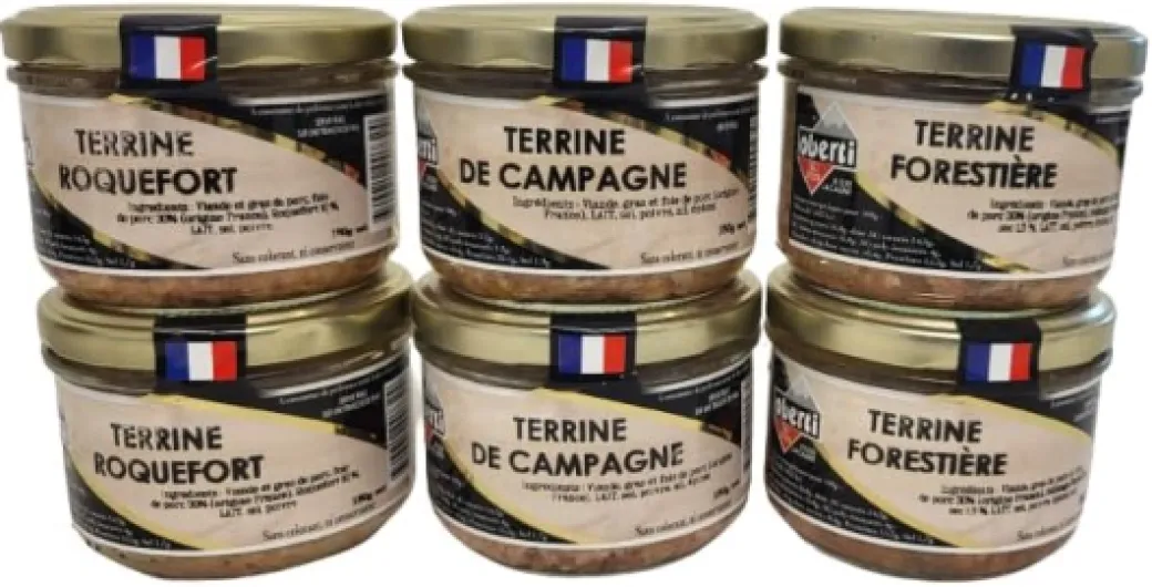 2 Terrines de Campagne + 2 Terrines Forestières + 2 Terrines au Roquefort - soit 6 conserves de 180 g chacune - Origine France