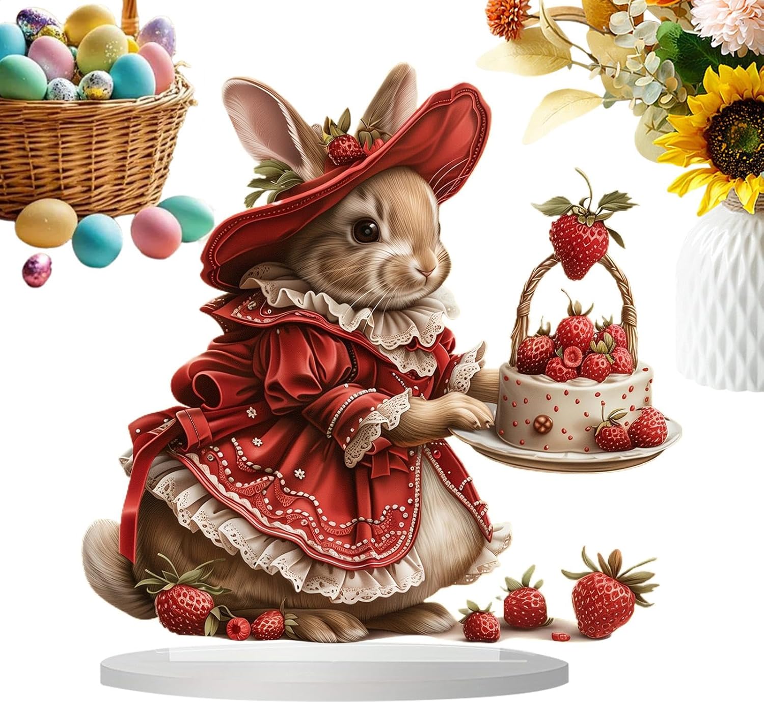 Generisch Lapin de Pâques - Décoration acrylique - Tenir un gâteau aux fraises - Statue de lapin en acrylique 2D - Échelle avec décoration de lapin de Pâques - Étanche - Décoration de lapin fermier