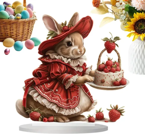 Generisch Lapin de Pâques - Décoration acrylique - Tenir un gâteau aux fraises - Statue de lapin en acrylique 2D - Échelle avec décoration de lapin de Pâques - Étanche - Décoration de lapin fermier
