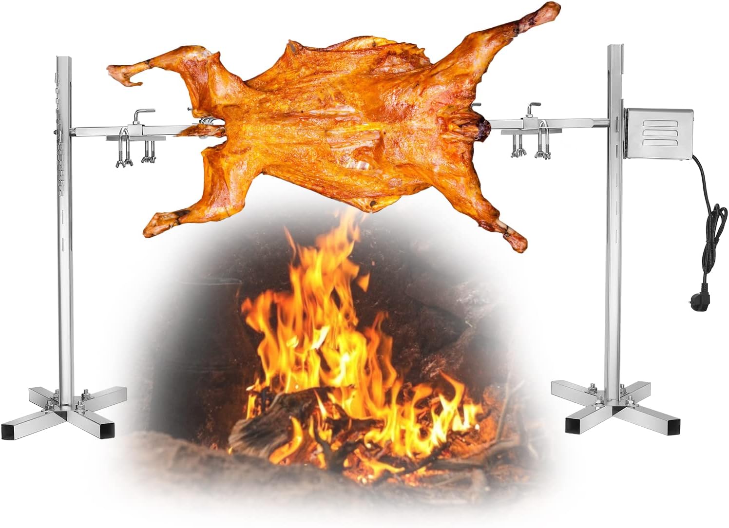 Entièrement Automatique électrique Grill BBQ Rack 15W Kit de Rôtissoire Inoxydable 70kg Réglable en Hauteur Barbecue à Cochon de Lait BBQ avec Moteur Portable Cuisson en Plein Air Camping