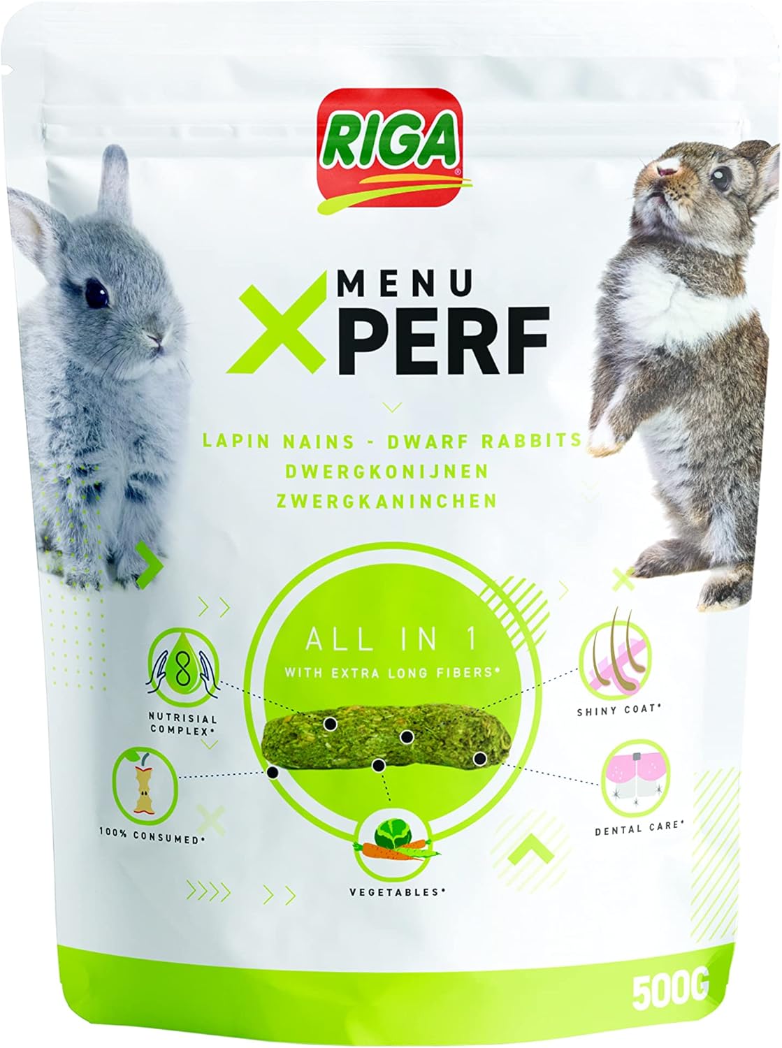 Menu X’Perf - Aliment Complet pour Lapins Nains - Graines de Lin, Fibres et Légumes - Extraits de Yucca -Riche en Fibres Et Prébiotiques - Idéal pour la Brillance des Poils - 500G Lapin Nains