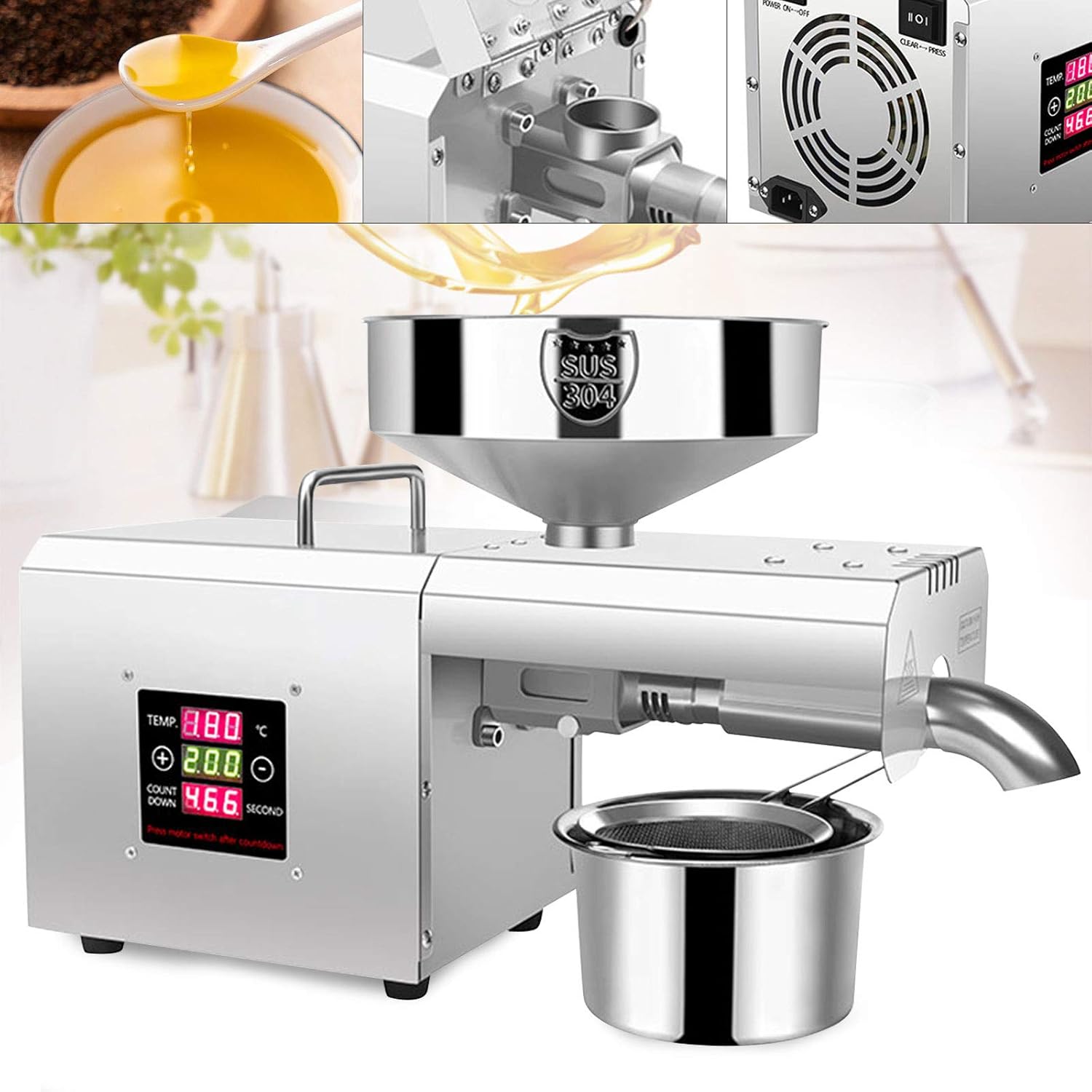 Extracteur d'huile automatique en acier inoxydable - Moulin à huile de colza - Pour cacahuètes, soja, colza, noix, sésame, amandes - Température réglable - 1500 W