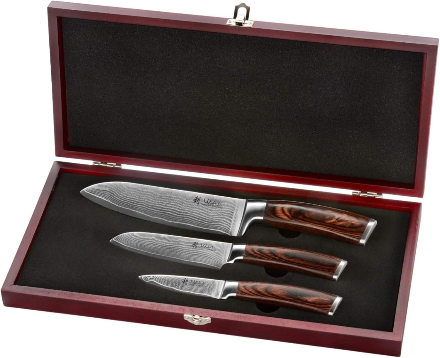 Wakoli Edib Set de 3 couteaux en Damas I Lames en acier damassé à 67 couches avec noyau VG10 et manches en bois de pakka I Couteaux de cuisine professionnels & couteaux damassés dans une boîte en bois