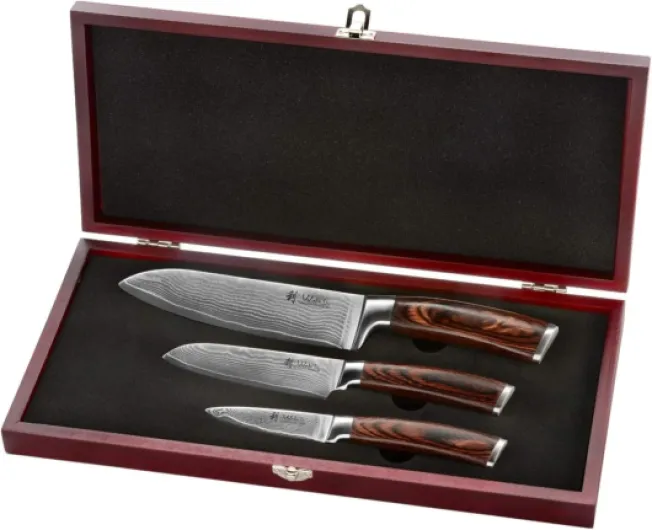 Wakoli Edib Set de 3 couteaux en Damas I Lames en acier damassé à 67 couches avec noyau VG10 et manches en bois de pakka I Couteaux de cuisine professionnels & couteaux damassés dans une boîte en bois