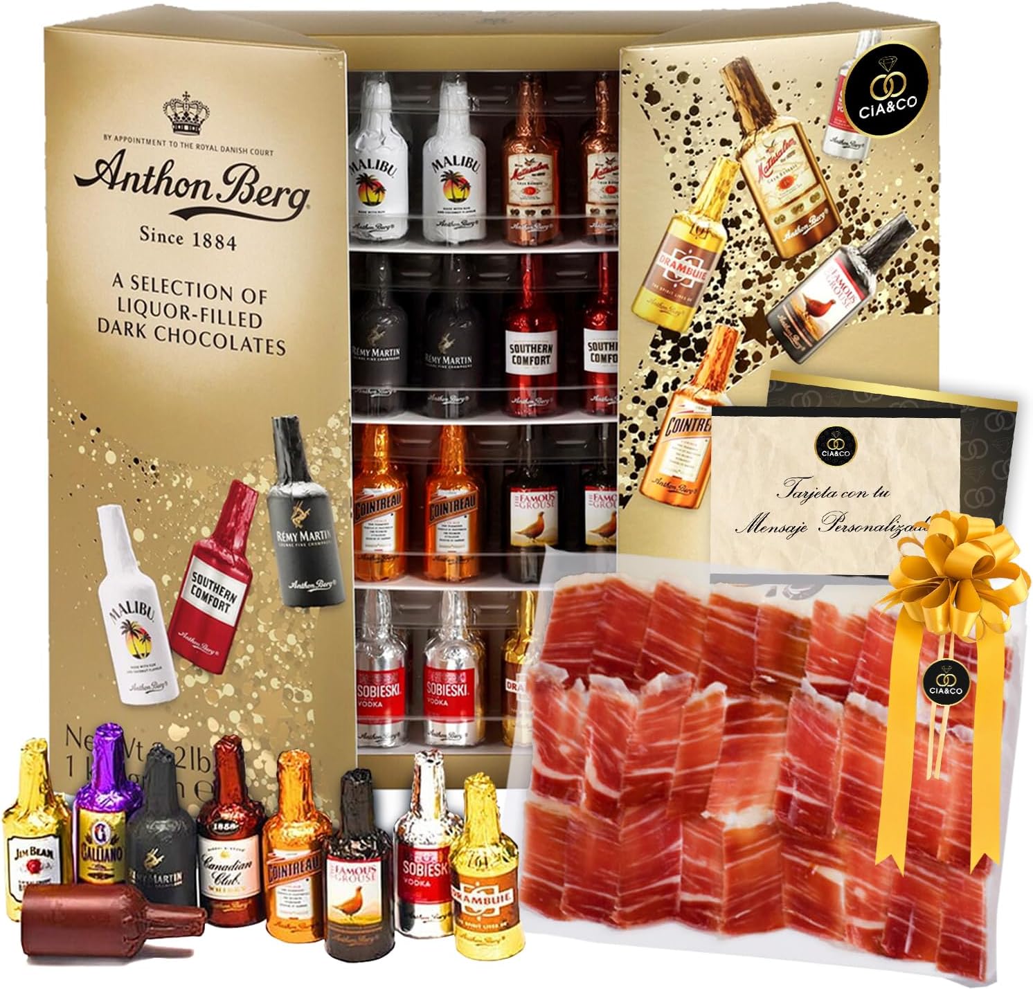 Cia&Co x Anthon Berg + Jambon Serrano - Bouteilles de Chocolat Remplies de Liqueur · 64 Chocolats avec Liqueur - 1 Kg + Dégustation de Jambon Serrano Gran Reserva Premium + Carte Personnalisée