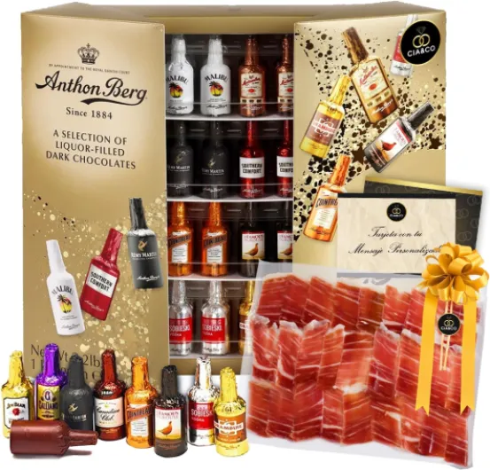 Cia&Co x Anthon Berg + Jambon Serrano - Bouteilles de Chocolat Remplies de Liqueur · 64 Chocolats avec Liqueur - 1 Kg + Dégustation de Jambon Serrano Gran Reserva Premium + Carte Personnalisée