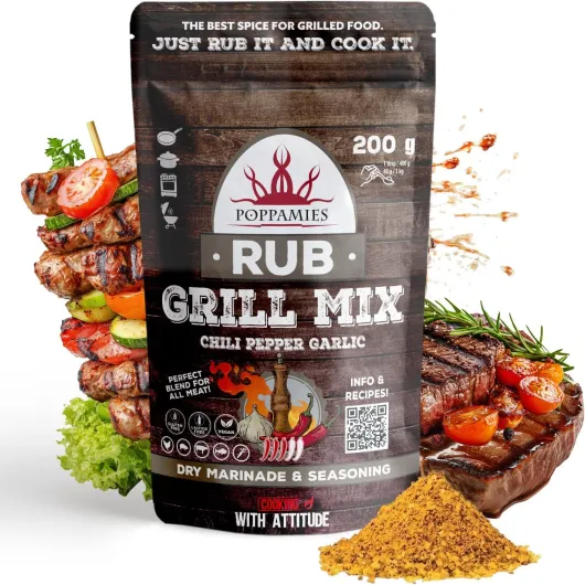 Mélange pour Grillades BBQ Rub - Assaisonnement BBQ 100% Naturel - Mélange d'Épices Piment et Ail - Parfait pour les grillades ! Bœuf, Porc, Poisson, Légumes, Poulet - Grand Format (200g) Grill Mix