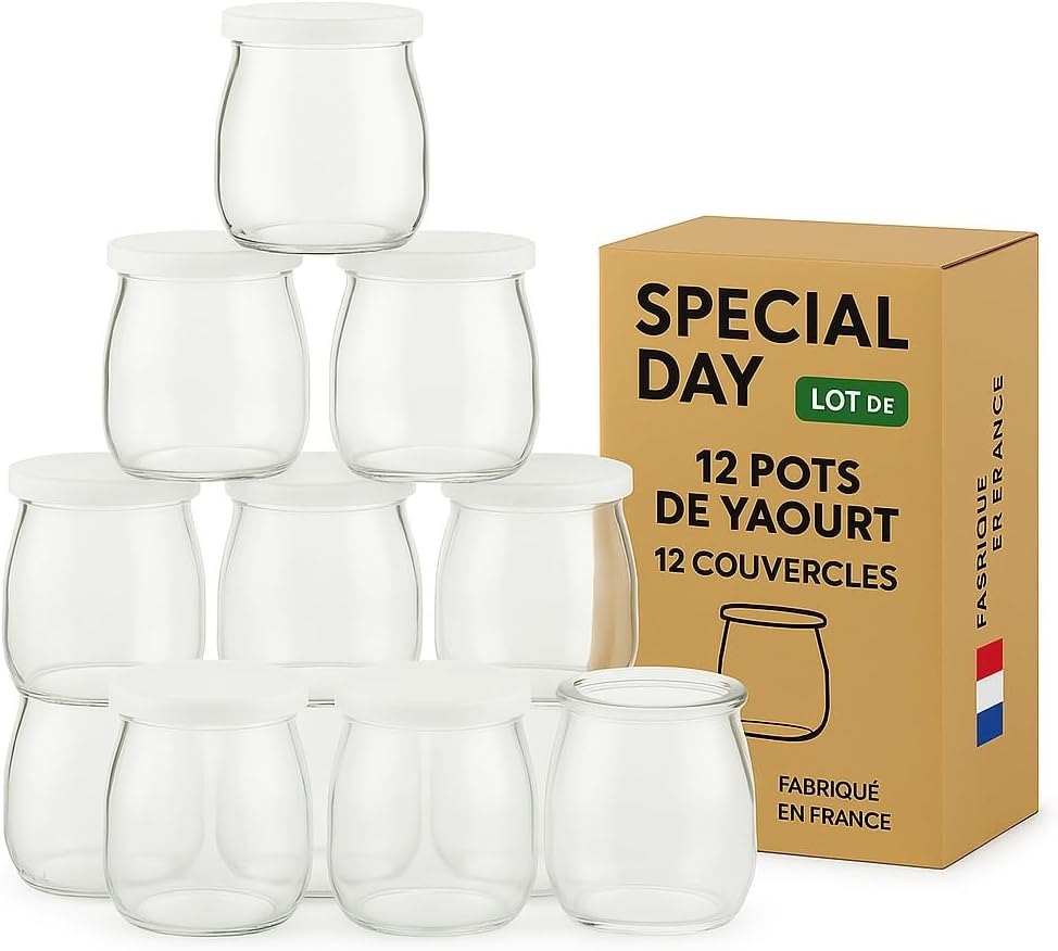 SPECIAL-DAY 12 pot de yaourt en verre avec couvercles hermetique verrine en verre pour tout yaourtièrepetit pots bebe longue conservation 125g- Lot de 12 pots avec 12 couvercles
