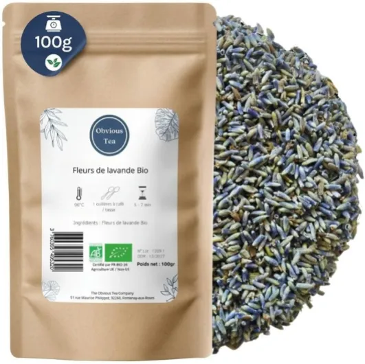 Fleurs de Lavande Bio Entières - Infusion Nature en Vrac et Sachets Parfumés - 100% Naturel, Sans OGM - Agriculture Biologique - Sachet 100 gr (50 Tasses)