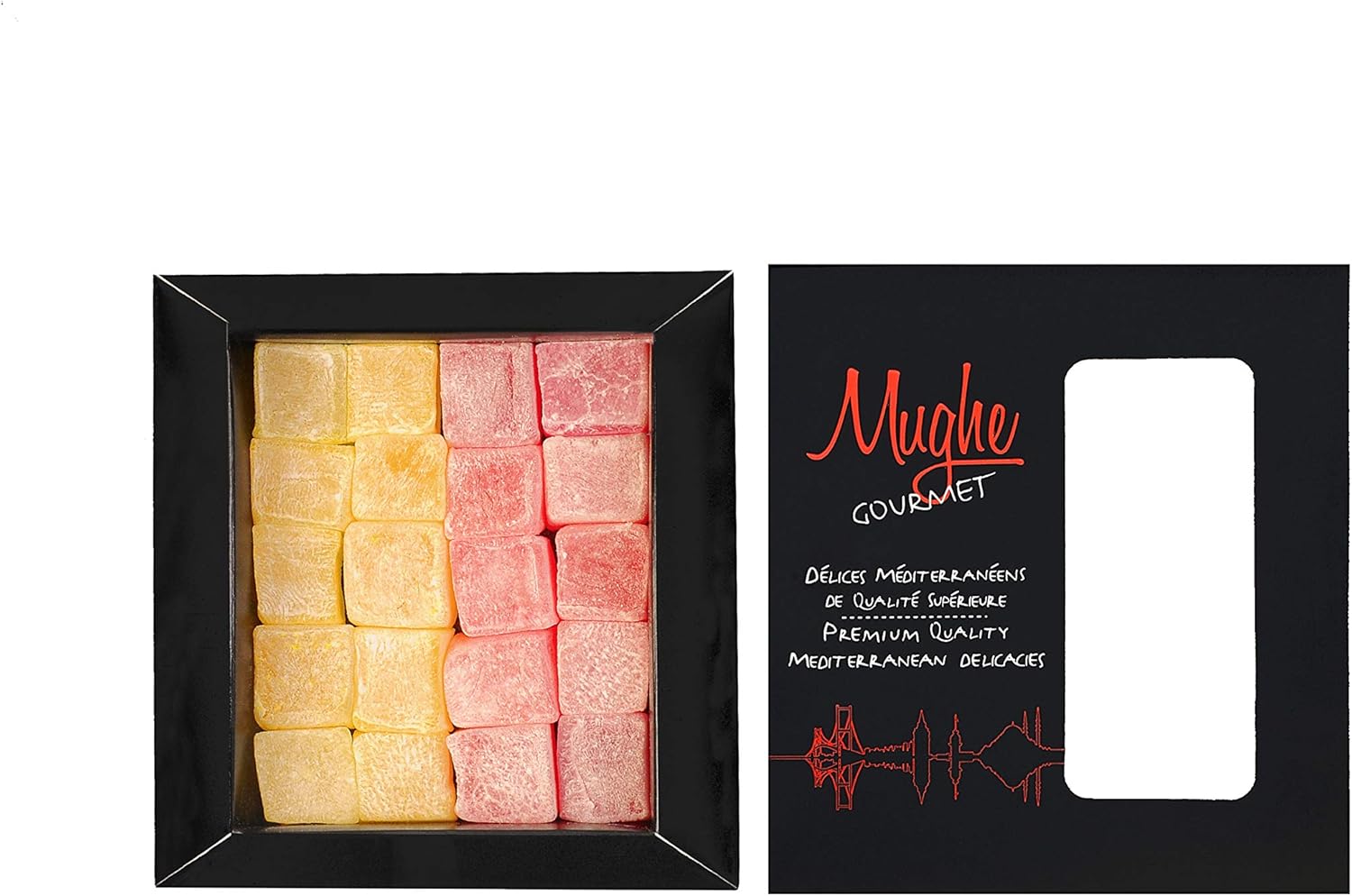 Loukoums Boîte élégante de bonbons délice turcs - 200g - Halal, vegan - Saveurs de fruits : rose, citron - Cadeaux pour occasions spéciales, fête des pères, anniversaires