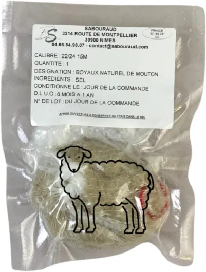 Boyau naturel de mouton, calibre 22/24 15 mètres, pour la fabrication d'environ 5 kg de saucisse ou merguez
