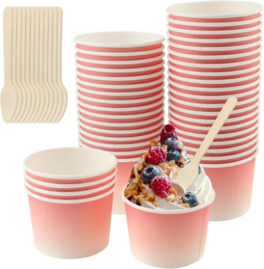 Vaskula 50 Pièces Pot Glace 240ML Ice Cream Cup avec Cuillère Bol Dessert Épaissis Tasse en Papier Couleur de Dégradé Rose Gobelets à Gâteau pour Glace Amuse Bouches Yaourt