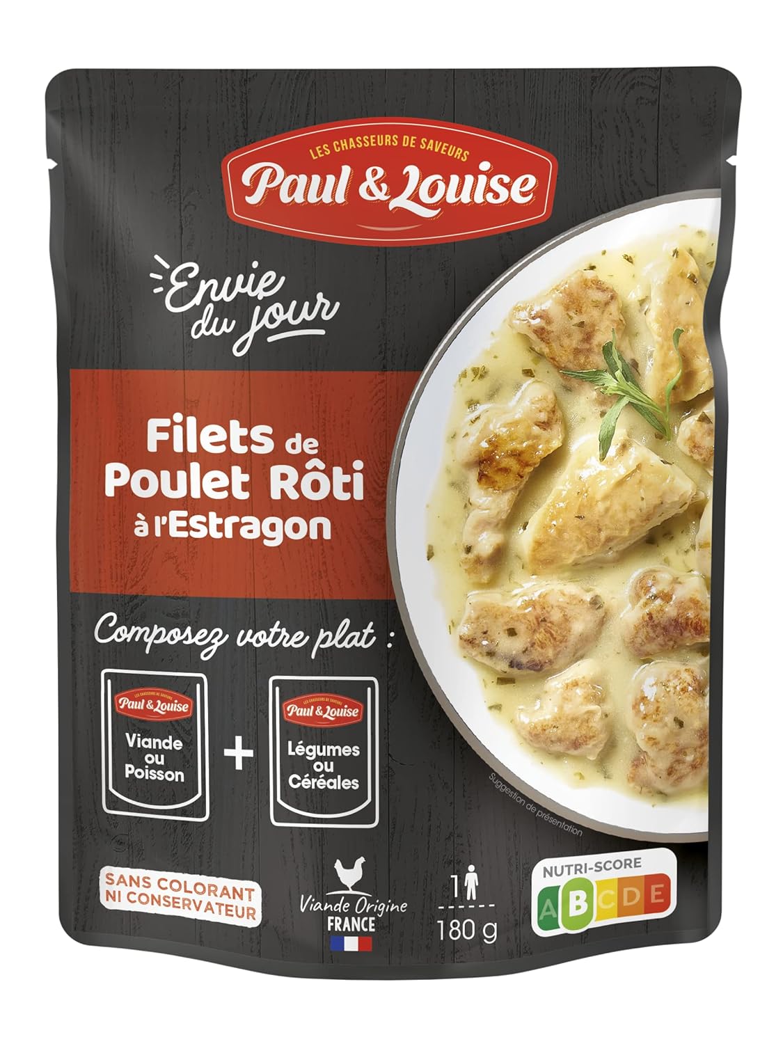 Paul & Louise Envie Du Jour - Filets de poulet rôti à l'estragon 180g - Sachet micro ondable - Prêt en 2 min - À combiner avec nos sachets d'accompagnements - Légumineuses ou Céréales
