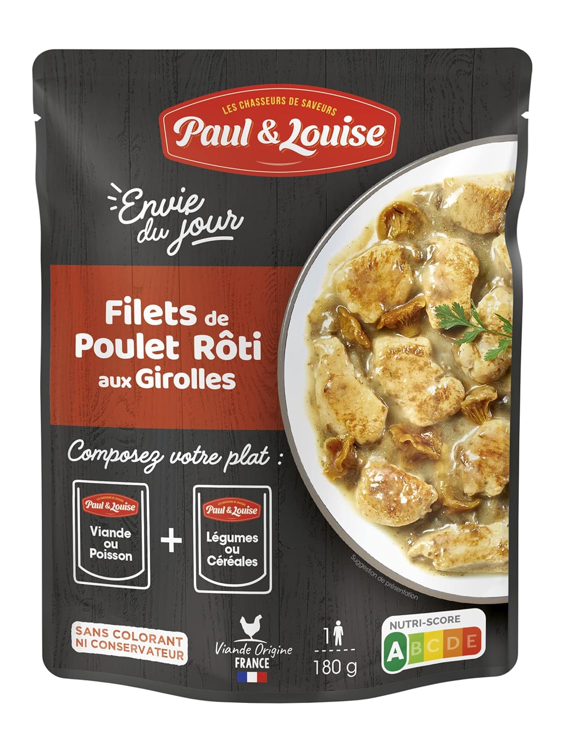 Paul & Louise Envie Du Jour - Filets de poulet rôti aux Girolles 180g - Sachet micro ondable - Prêt en 2 min - À combiner avec nos sachets d'accompagnements - Légumineuses ou Céréales