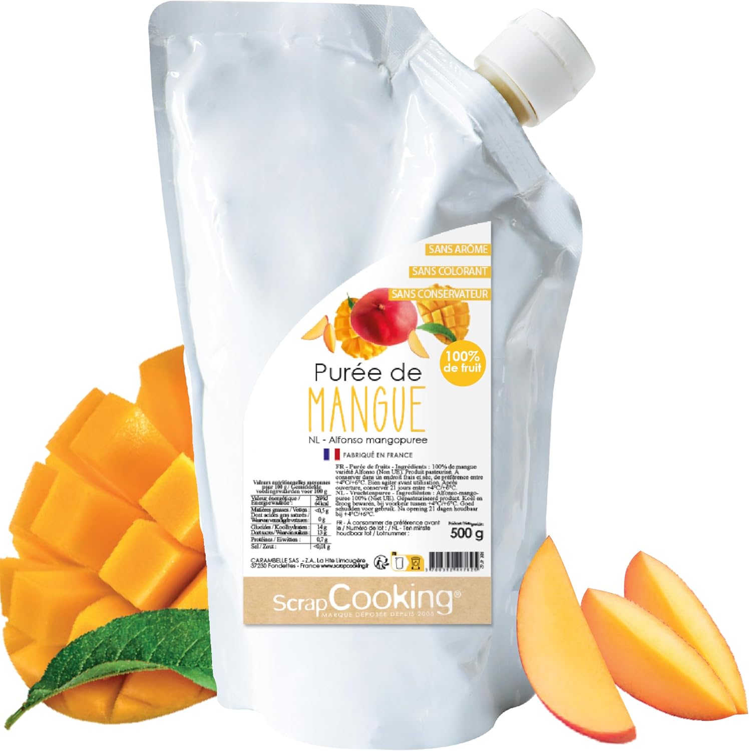 Purée de Mangue 500 g - Purée de Fruits pour Pâtisserie - Macarons, Mousses, Gelées, Gâteaux, Ganaches, Nappages, Coulis, Glaces, Smoothies, Cocktails - Fabriqué en France - 4762