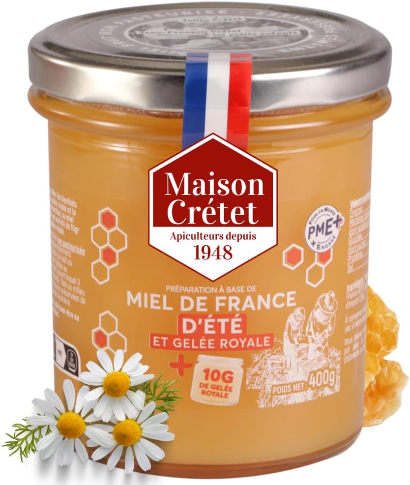 Miel de France d'Été et Gelée Royale - Miel non pasteurisé récolté en France en pot verre - préparation en pot de 400G