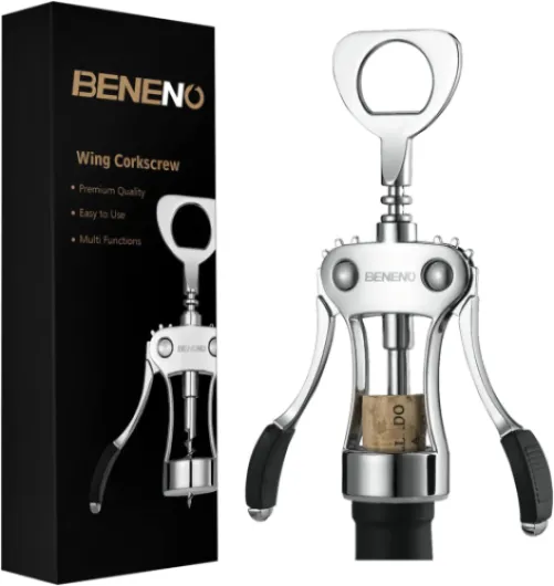 Beneno Wine Opener, Zinc Alloy Premium Wing Corkscrew with Multifunctional Bottles Opener, Sharp Wine Corkscrew with Ergonomic Non-Slip Wing Handle, Upgrade Silver
