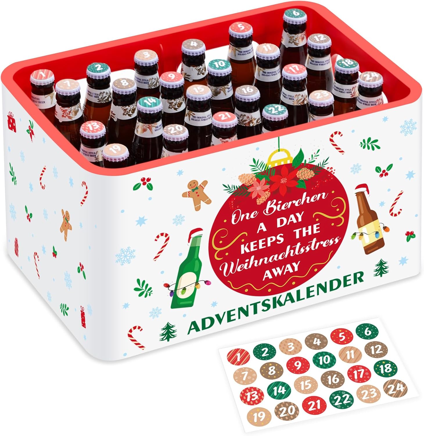Sinmoe Calendrier de Homme 1 Jeu de Banderoles pour Caisses de Bière et 24 Autocollants avec Mot One Bierchen a Day Keeps The Weihnachtsstress Away