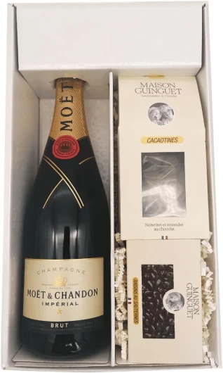 Coffret Cadeau blanc - Champagne Moët & Chandon Impériale -1 Brut - Cacaotines (1x150g) et Raisins au sauternes (1x100g) MAISON GUINGUET