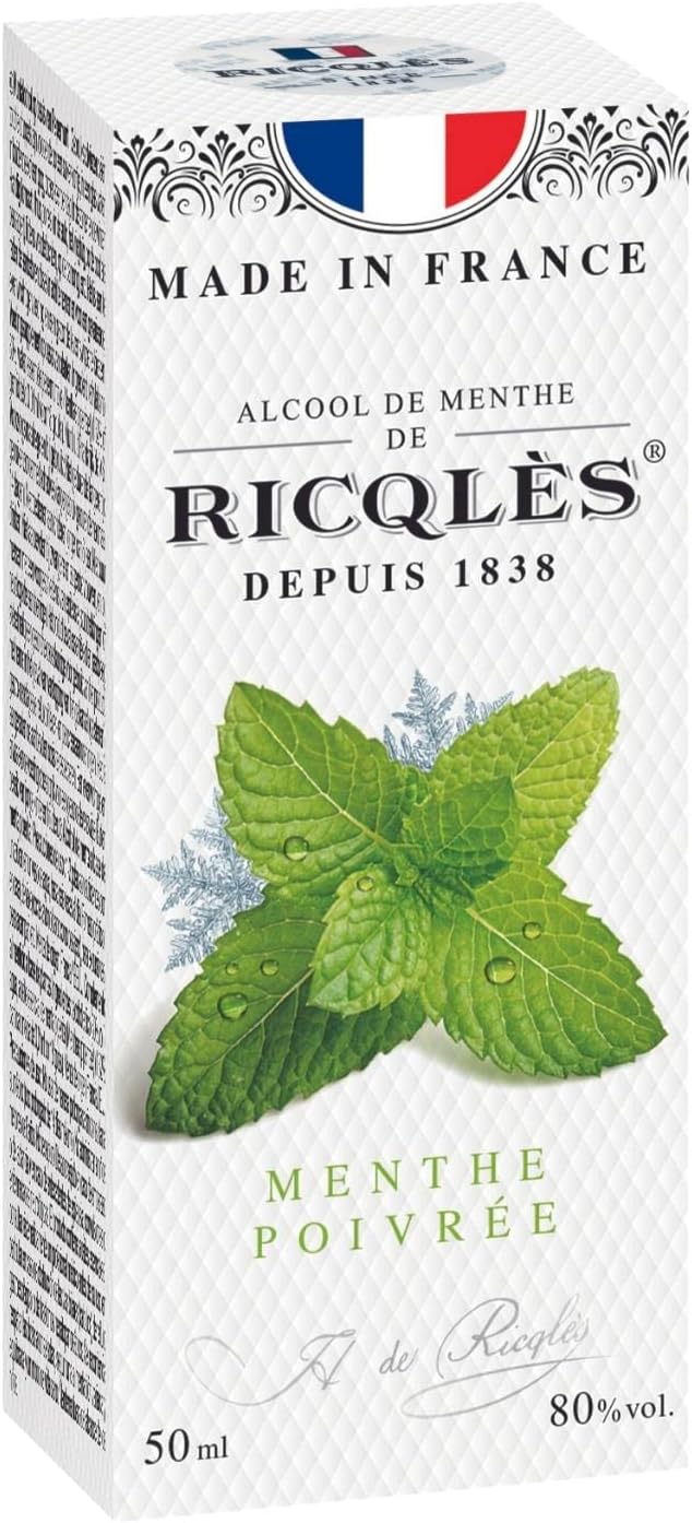 RICQLES - ALCOOL DE MENTHE- Menthe poivrée Liquide - Format voyage- Fabrication française- Flacon rond de 50 ml, Préparation au urgence 50 ml (Lot de 1)