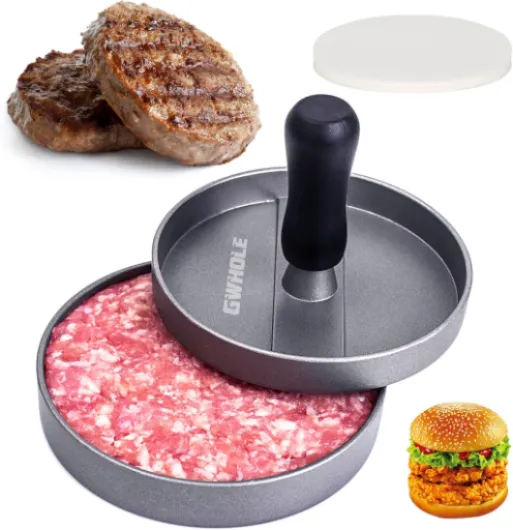 Presse à Burger Steak Haché + 100 Papiers Antiadhésifs - Diamètre 11.5cm Antiadhésif en Aluminium