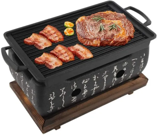 Barbecue de Style Japonais, Mini Poêle à Charbon avec Poêle Grill, Plaque de Barbecue pour BBQ Domestique avec Grillage en Grillage et Base en Bois, Barbecues à Charbon pour Yakiniku Takoyaki Camping